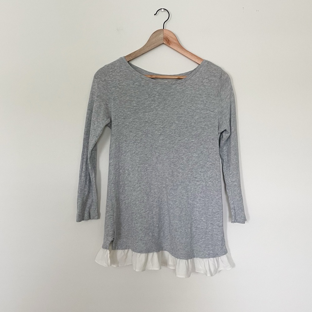 LOFT Gray Long Sleeve Top with Cream Ruffle Hem